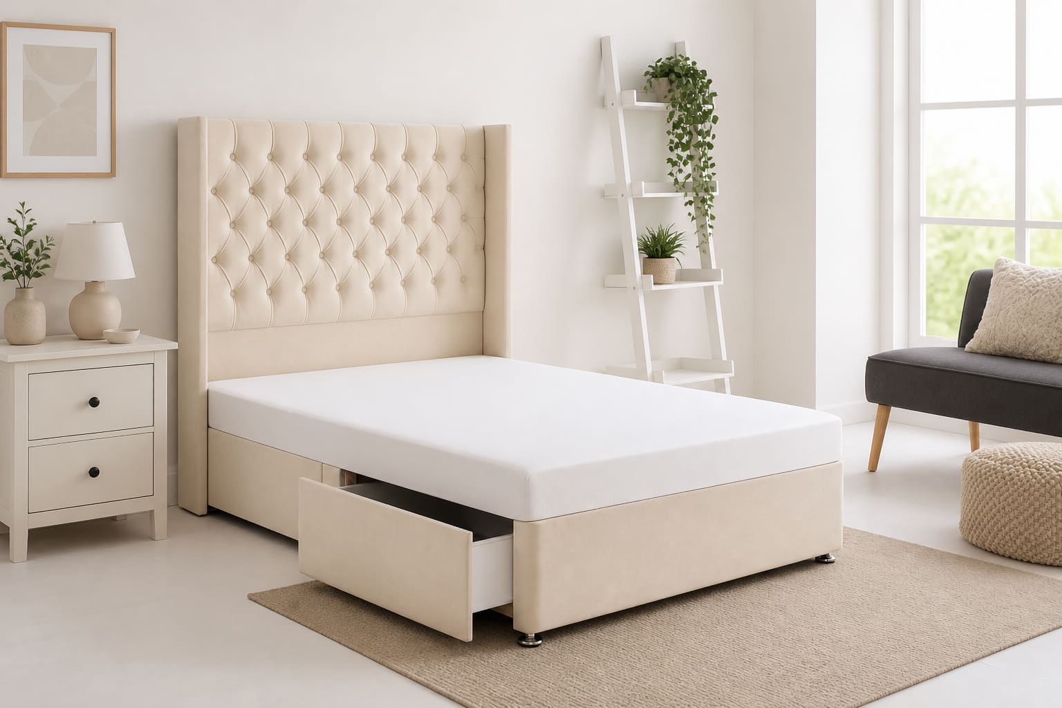 Tall channel-tufted floor-standing headboard