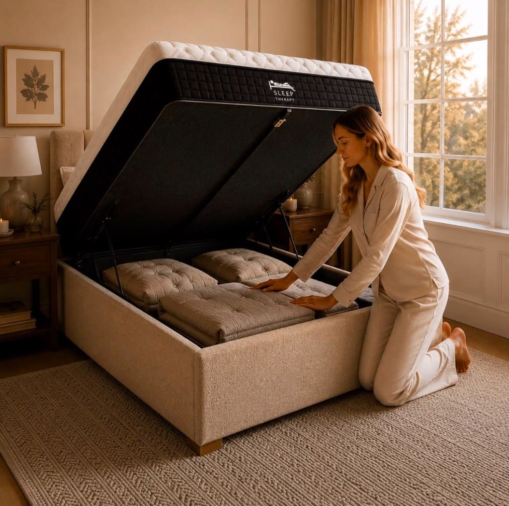 Ottoman storage bed with Sleep Therapy mattress lifted open